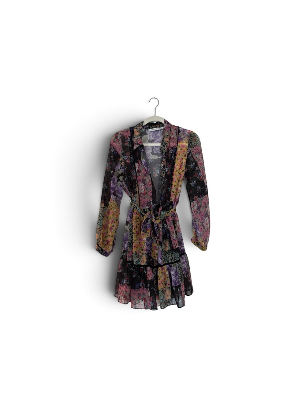 Zara |Multicolor Floral Sheer Tie-Waist Mini Dress Long Sleeve Fit and Flare
